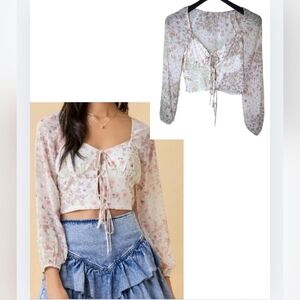 Cropped Corset Style Sheer Floral Top Blouse White Pink Lavendar Size Medium